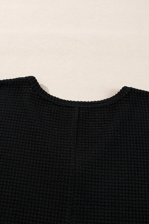 Waffle Knit Side Slits Loose Fit V Neck Top